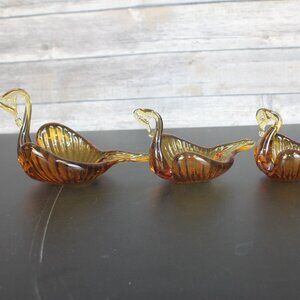 Nesting Swans Amber Glass Candy Nut Dishes Trinket Vintage Set 3 Mid Century MCM